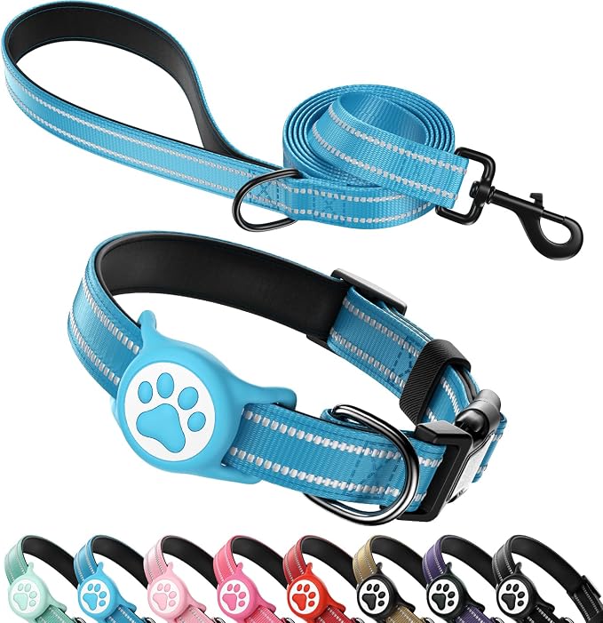Airtag Dog Collar and Leash Set,Reflective Ultra-Durable Nylon Padded with QR Buckle & IP68 Waterproof Air Tag Holder Compatible for Apple AirTag, Comfortable for Small Medium Large Dogs (Blue Set,M)