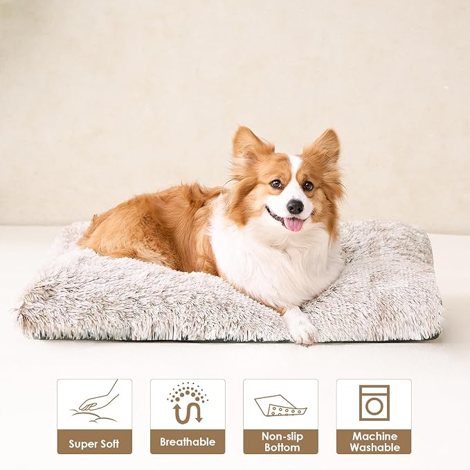 EHEYCIGA Fluffy Dog Crate Bed for Large Dogs, Plush Faux Fur Pad, Brown | Calming Anti Anxiety Large Dog Crate Bed, Washable Soft Warm Mat with Non-Slip Bottom