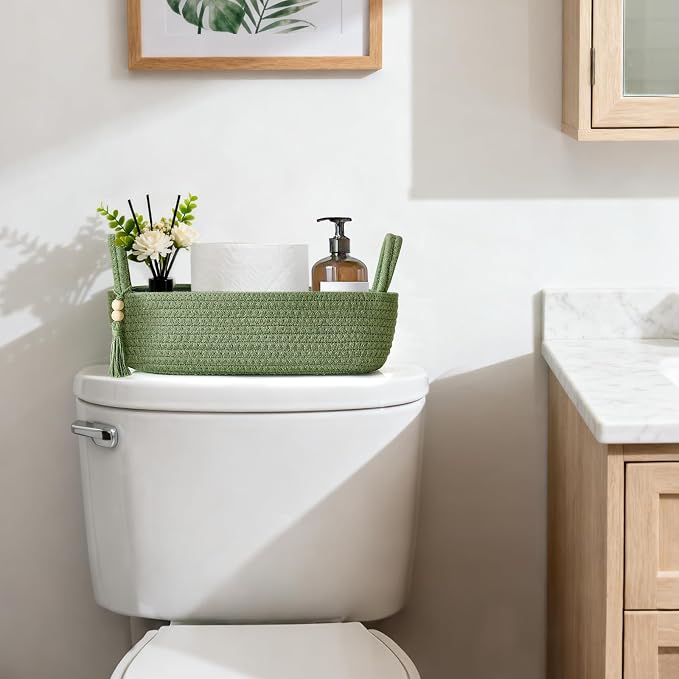 Mkono Toilet Paper Basket, Boho Bathroom Decor, Small Storage Organizer | Green, 13"L x 6"W, Back of Toilet Basket, Decorative Woven Tray with Handles, Space-Saving, Living Room Bedroom, 1 Pack