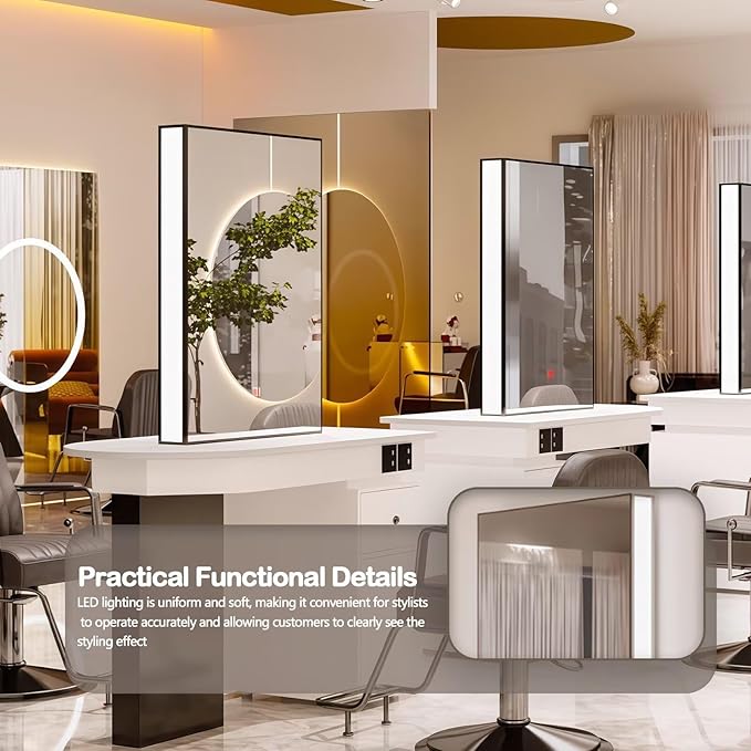 2-Person Salon Station for Hair Stylist with Sleek Modern Glossy Black Design, Barber Station includes LED Mirror, Spacious Countertop, Drawer & Cabinet