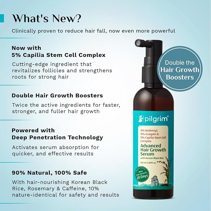 Pilgrim Advanced Hair Growth Serum with Redensyl 3%, Anagain 4% & Baicapil | Hair Fall Control & Regrowth | Korean Black Rice | For Men & Women, 3.38 Fl Oz (100ml)