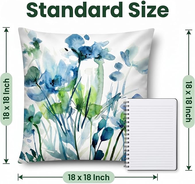 COMMINY Blue Green Linen Pillow Covers 18x18 Set 6 Floral Throw Cover | Decorative Farmhouse Flower, Breathable Linen, Standard Throw Pillow Size, Bedroom Accent Couch Sofa, Summer Decor