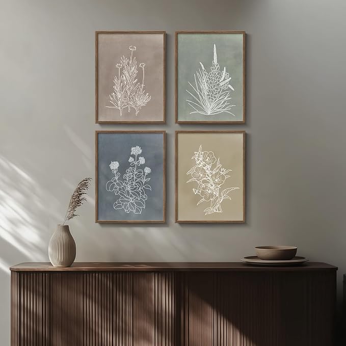 Framed Boho Botanical Wall Art for Bedroom, 4 Piece Vintage Neutral Floral Canvas Painting Prints, Minimalist Rustic Flower Pictures for Farmhouse Living Room Kitchen Dining Room Wall Decor, 11x14 In