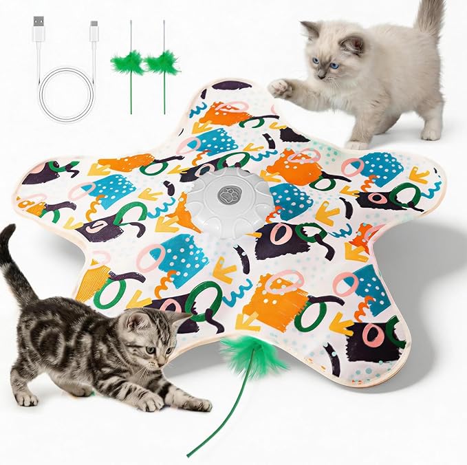 Cat Toy, Interactive Cat Toy, Cat Toys Interactive, Rechargeable Hide and Seek Automatic Kitten Toy with 2 Replaceable Wands, 3 Modes, 10-Min Auto-Sleep & Realistic Mouse Sounds for Indoor