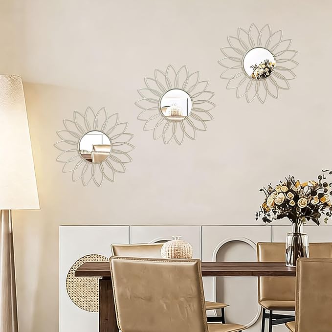 3 Pack Metal Mirrors for Wall Sunburst Wall Mirrors Home Décor Decorative Hanging Wall Art for Living Room Bedroom Entryway (Silver2, Flowers)