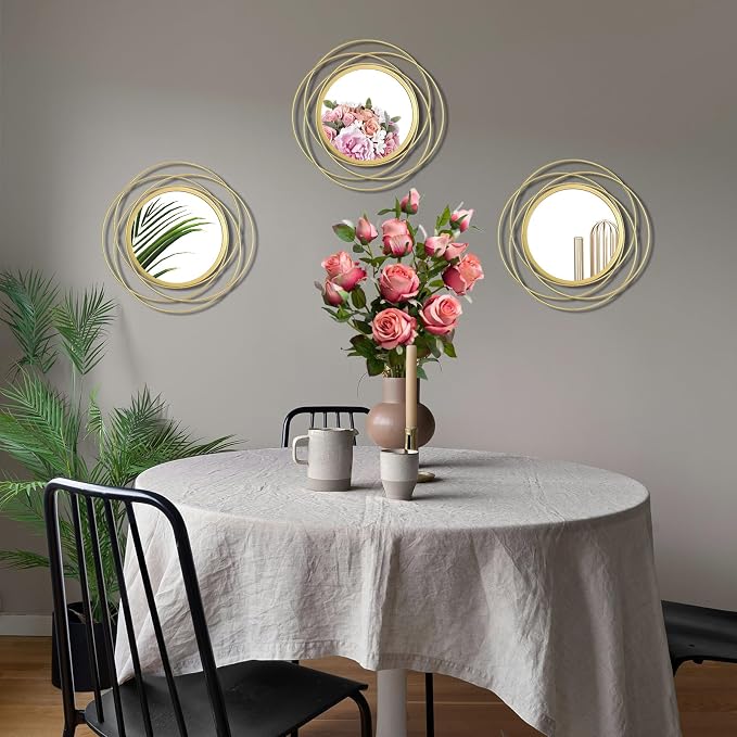 3 Set Round Mirrors for Wall Decor Living Room Bedroom Bathroom Dining Room Metal Circle Mirror Set Boho Decorative Sunburst Wall Art Accent Entryway - Gold 9.5 in