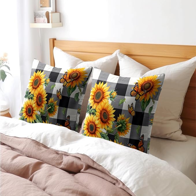 Sunflower Pillow Covers 18X18 Inch Set of 2 Black White Buffalo Plaid Flower Decorative Pillow Cases Spring Summer Floral Cushion Case Farmhouse Modern Home Decor for Sofa Couch Bedroom