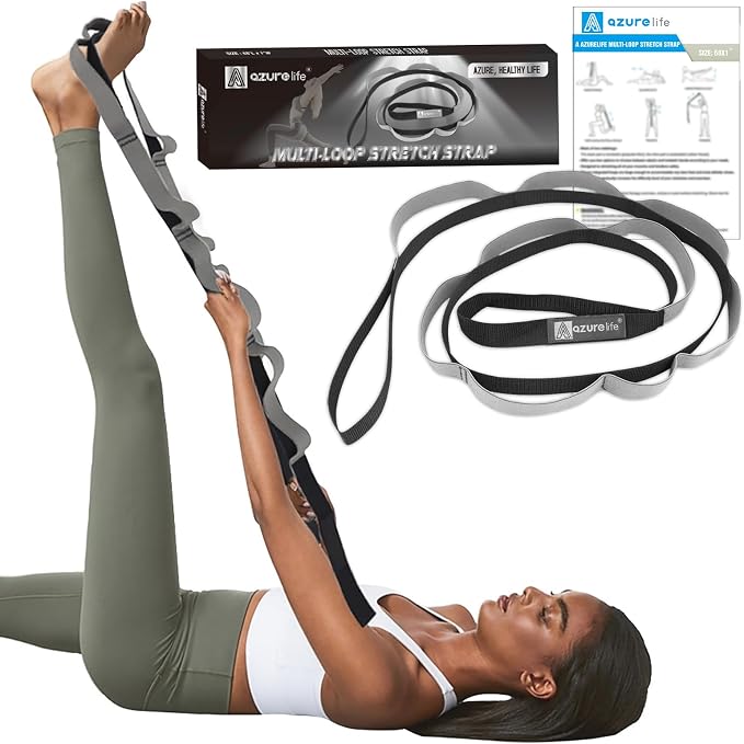 A AZURELIFE Half-Elastic Stretch Straps with 11 Loops, Stretching Strap for Physical Therapy, Multi-Loop Yoga Strap Fitness Exercise Strap for Yoga, Pilates, Dance, Flexibility&Exercise