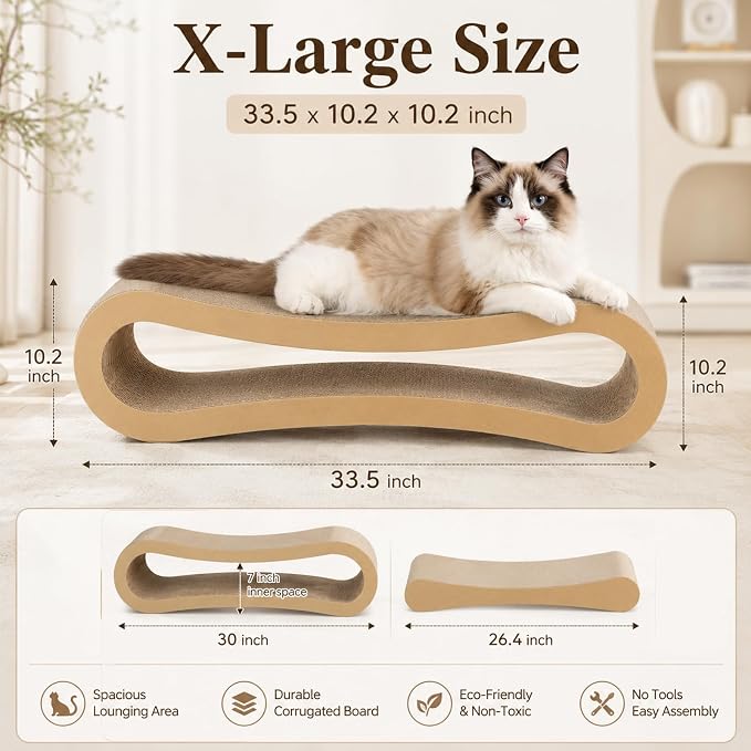 Simple Deluxe 3-in-1 Large Cardboard Cat Scratcher Lounger, 33.5" x 10.2" x 10.2" Infinity Shape Cat Scratching Board, Reversible Corrugated Scratch Pad for Multi-Cat Homes, 100% Recyclable, X-Large