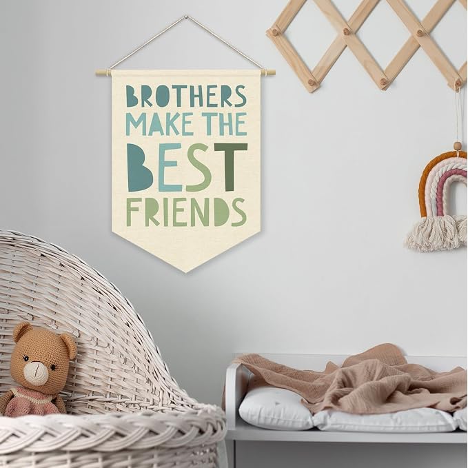 Boy Nursery Decor Canvas Banner,Brothers Make The Best Friends Bedroom Playroom Wall Art Decorations,Boho Twin Room Sign,Big Bro Lil Bro, Sage Green Blue Kids Room Wall Hanging Pennant Banner
