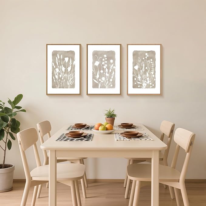 FWIEXA Neutral Botanical Canvas Wall Art Set 3, Minimalist Boho Wildflowr Framed Prints, Beige Floral Paintings, 16x24In Rustic Plant Artwork Poster for Farmhouse, Gift, Living Room, Bedroom, Office
