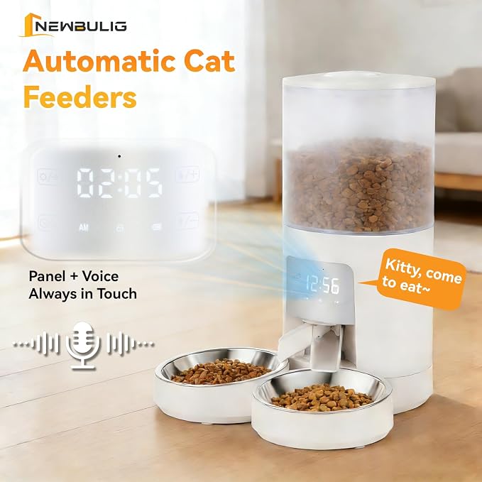 NEWBULIG Automatic Cat Feeder for 2 Cats, 6L Timed Pet Feeders, White | Dual Bowls, 25.3 Cups, 10s Voice Recorder, Dog Food Dispenser for Dry Food, 6 Meals/Day, 50 Portions/Meal, Dual Power Supply