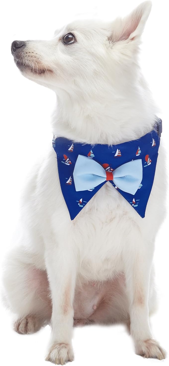 Blueberry Pet Nautical Navy Blue Sailboat Adjustable Dog Bandana Collar with Bow Tie, Medium, Neck 14.5"-20"