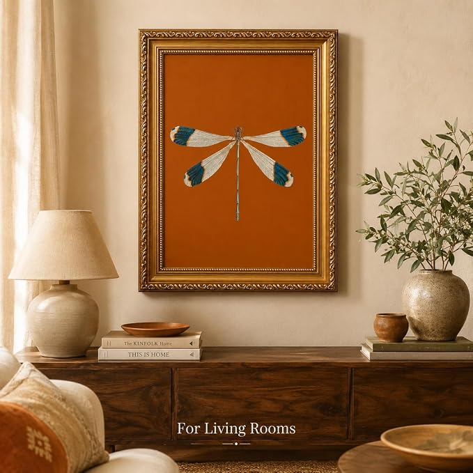 Gold Framed Dragonfly Wall Art,Antique Insect Picture Wall Decor24x16in | Burnt Orange Background Canvas Print Cottagecore For Bedroom, Study,Hallway,Entryway