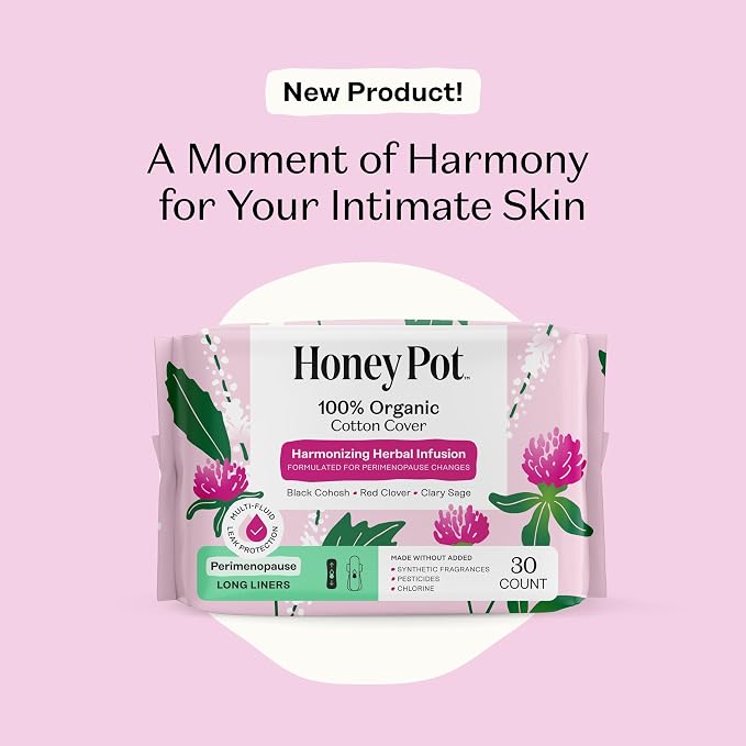 Honey Pot - Perimenopause Long Panty Liners for Women - 100% Organic Cotton Top Sheet - Feminine Care - Multi-Fluid Absorbency - Harmonizing Herbs of Black Cohosh, Clary Sage, & Red Clover - 30ct