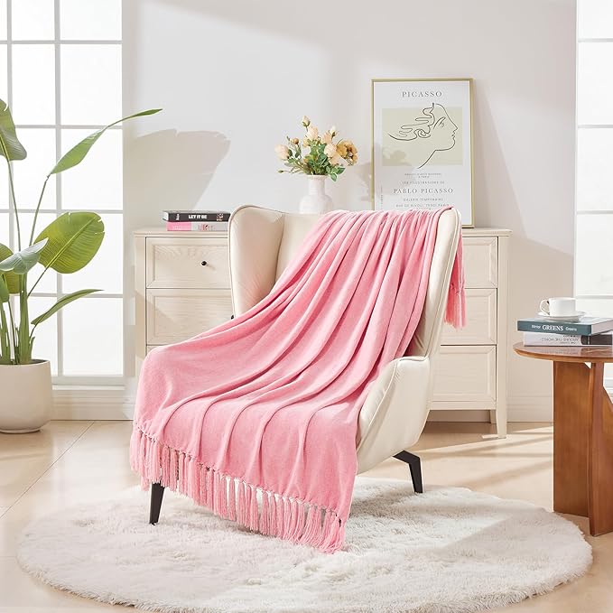 CozeCube Chenille Throw Blanket, Pink Fringe Blanket, 50"X60" | For Couch, Cozy Plush Fuzzy Decorative Blanket with Fringe Tassels, Lightweight Throws for Bed Sofa Gift Home Decor