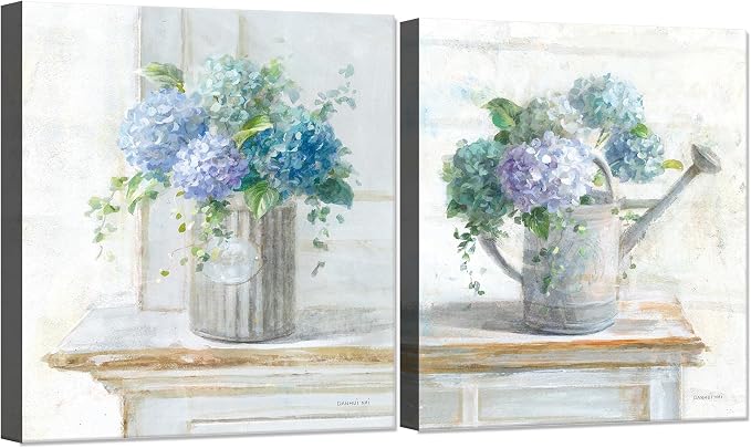 Blue Hydrangea Bathroom Wall Art 2 pcs Farmhouse Rustic Flower Art Botanical Floral Posters Paintings Framed Artwork for Dining Room kitchen Bedroom Living Room 12"x16"