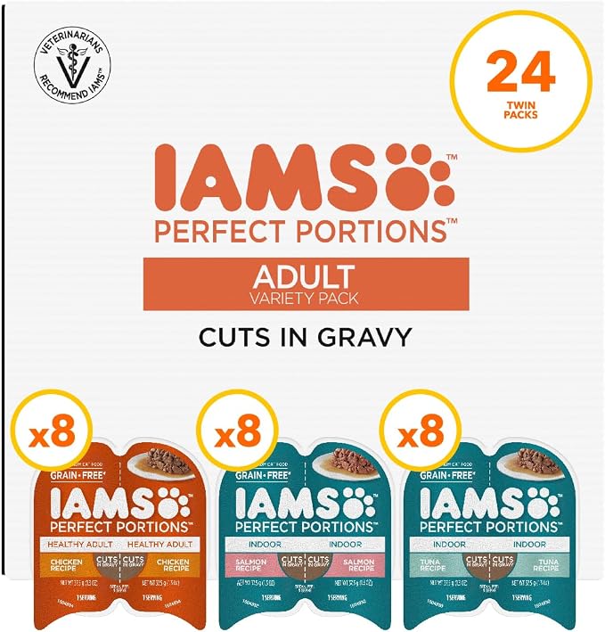 IAMS Perfect Portions Cuts in Gravy Wet Cat Food, Variety, 24 Count | Grain-free, antioxidant Vitamin E for immunity, no artificial flavors or preservatives, 2.6 oz. twin-pack trays, made in USA
