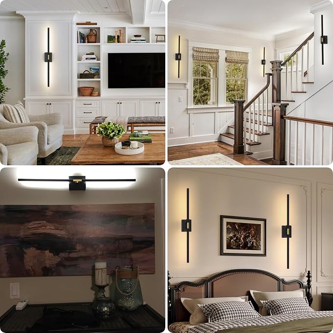 Battery Operated Wall Sconces Set of 2, 10000mAh, Black | Detachable rechargeable battery, 31.5" wireless lighting for TV wall mirror bedroom or living room decor