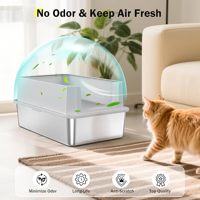 Stainless Steel Litter Box, Extra Large Litter Boxes for Big Cats, XLarge Metal Cat Litter Box with Lid, Anti-Urine Leakage XL Box with High Sides, Easy Clean, Non-Sticky, Scoop Included