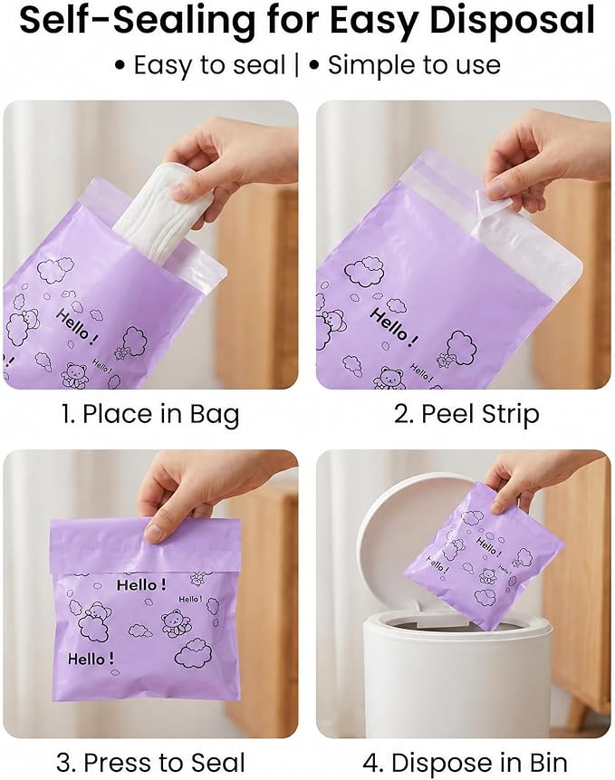[110 Count] Bynibiny Purple Feminine Hygiene Disposal Bags for Pads | PE Self-Sealing Sanitary Napkin Bags with Adhesive Strip, 29x17cm, Teddy Bear Print, Discreet for Bathroom, Travel, Office