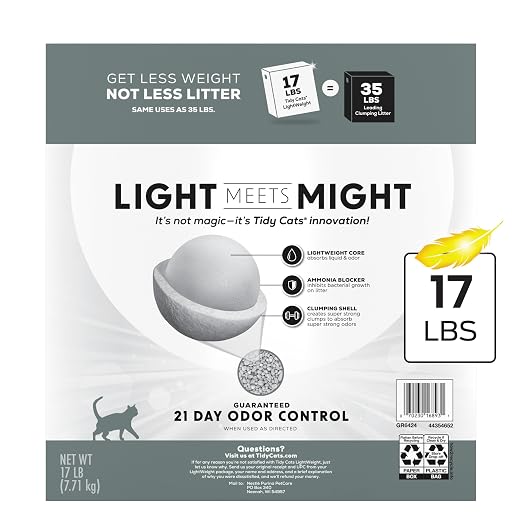 Purina Tidy Cats LightWeight 4-in-1 Strength Cat Litter, 17 lb | 99.9% dust-free formula, 21-day odor control, tight clumping for multi-cat homes, easy to carry