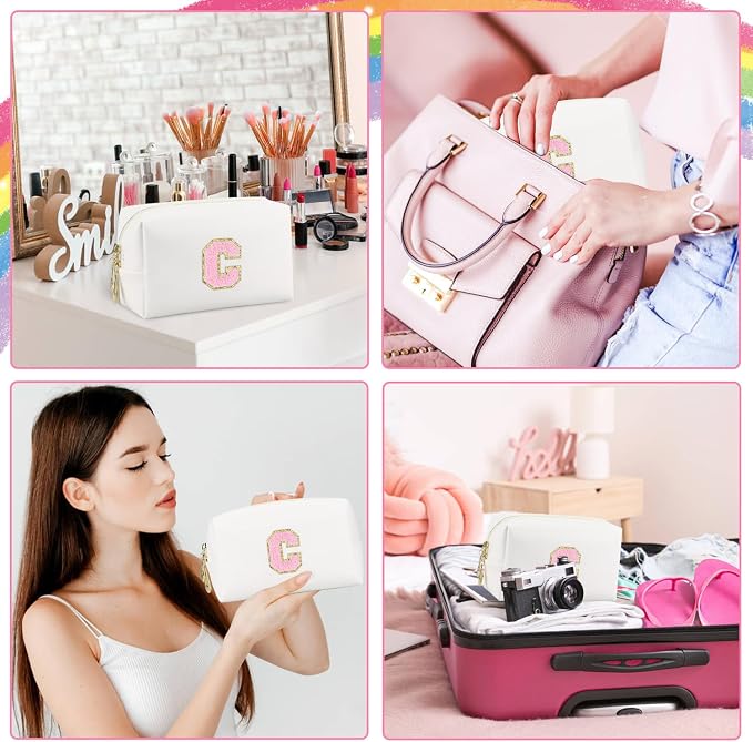 Initial Makeup Bag, Personalized Preppy Letter Monogram Cosmetic Bag | Waterproof PU Material, Compact Size, Large Capacity 7.09 x 2.95 x 3.94 in, Surprise Gift for Daughters and Teens