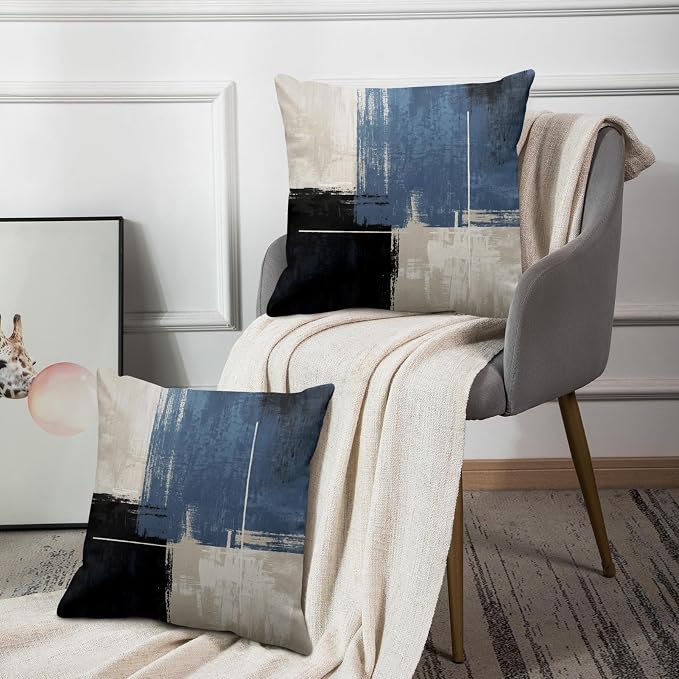 Emvency Throw Pillow Covers Set of 2, 18 x 18 Inch, Abstract Modern Navy | Beige Painting Outdoor Decorative Square Pillow Cases Couch Cushion Case for Couch Bed Sofa Living Room Home Decor