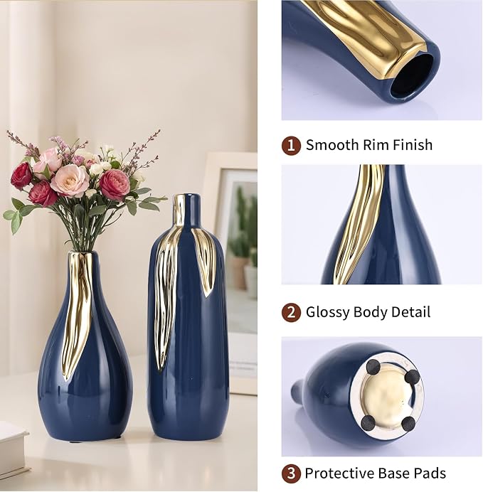 Blue and Gold Vase Set of 3, Modern Ceramic Decorative Vases for Living Room, Bedroom, Art Decor, Mantle, Home Event Decor, Office Decorative, Weddings, Rustic & Farmhouse (Blue Gold)