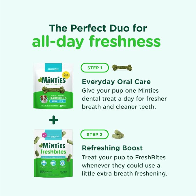 Minties FreshBites Soft and Chewy Dental Treats, Low Calorie Natural Mint Flavored Dental Chews for Dogs, 50 Count, Dog Chews Clean Teeth, Fight Bad Breath, Removes Plaque and Tartar | 7.5-cal soft chew; 5 natural breath fresheners; no wheat, corn, soy...