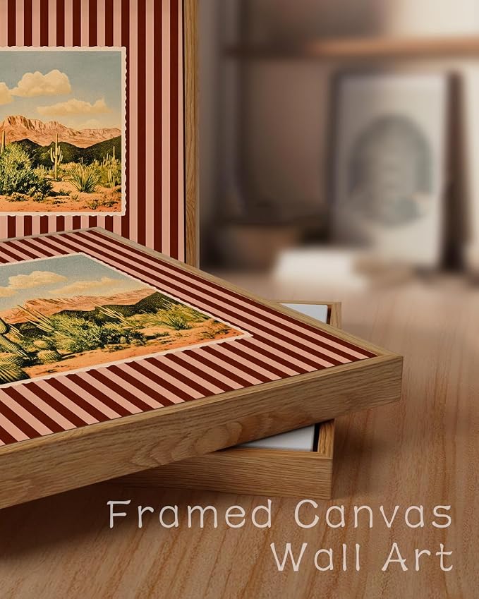 ZZLWBKGL Western Wall Decor Cactus Canvas Art Desert Framed Wall Art | Mid Century Southwestern Artwork Nature Striped Paintings for Living Room Bedroom Study