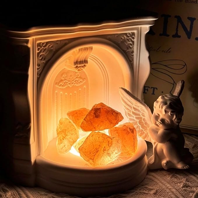 Angel Aroma Diffuser Set with Himalayan Salt & Fireplace Light, Passive Essential Oil Diffuser with White Tea Oil, Home Fragrance Decor for Bedroom, Bathroom, Office, Gift for Women