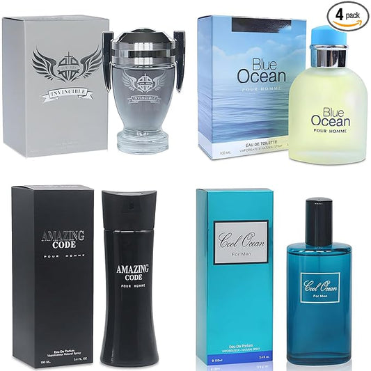 A CENTER Men's Cologne Gift Set Include Blue Ocean,Cool Ocean,Amazing Code & Invincible - 3.4 Fl Oz Each | Vanilla Bourbon, Leather & Amber Floral Fragrance | Luxury Eau de Toilette