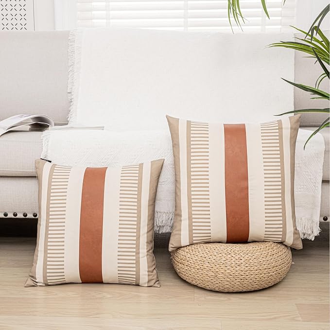 2 Pack 20x20 Inch Pillow Covers - Brown Faux Leather & Tan Stripe Print Soft Canvas Splicing, Same Pattern Both Sides | for Sofa Couch Bed Living Room, Farmhouse Industrial Minimalist Decor