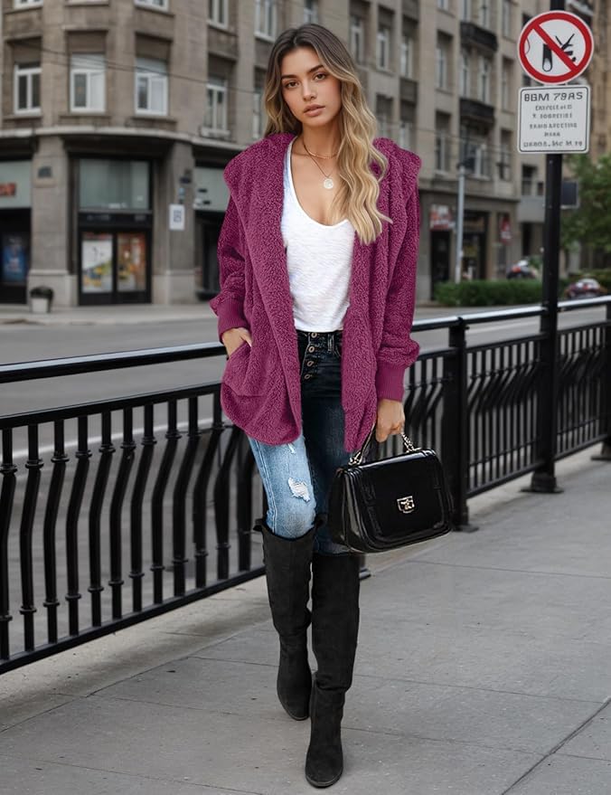 Zilcremo Women Hooded Cardigan Fuzzy Jacket Winter Open Front Fleece Coat Outwear with Pockets