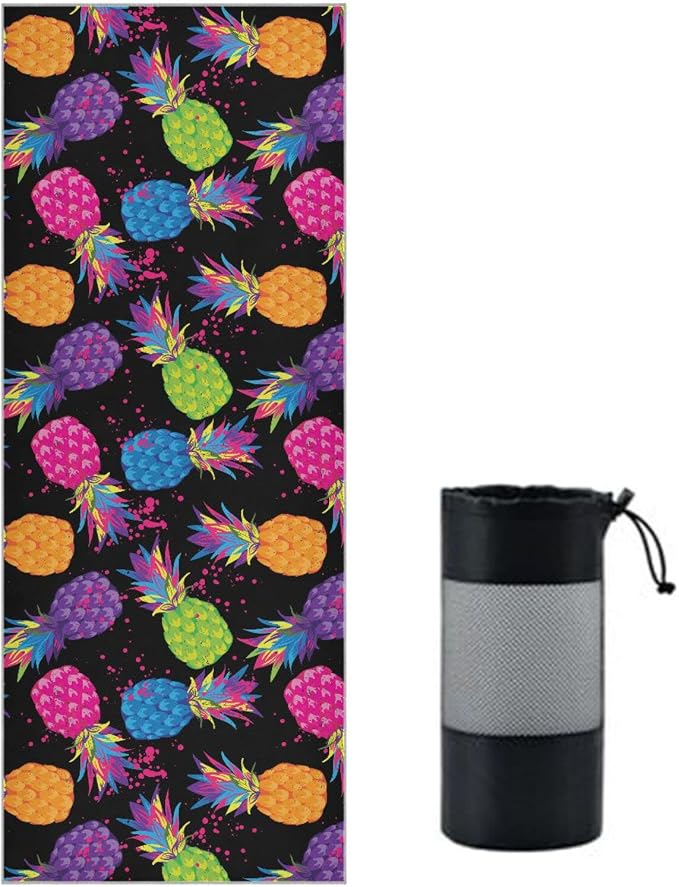 Tropical Colorful Pineapple Yoga Towel, Non-Slip Hot Yoga Mat Towel Sweat Absorbent for Pilates and Workout 73 x 27 in