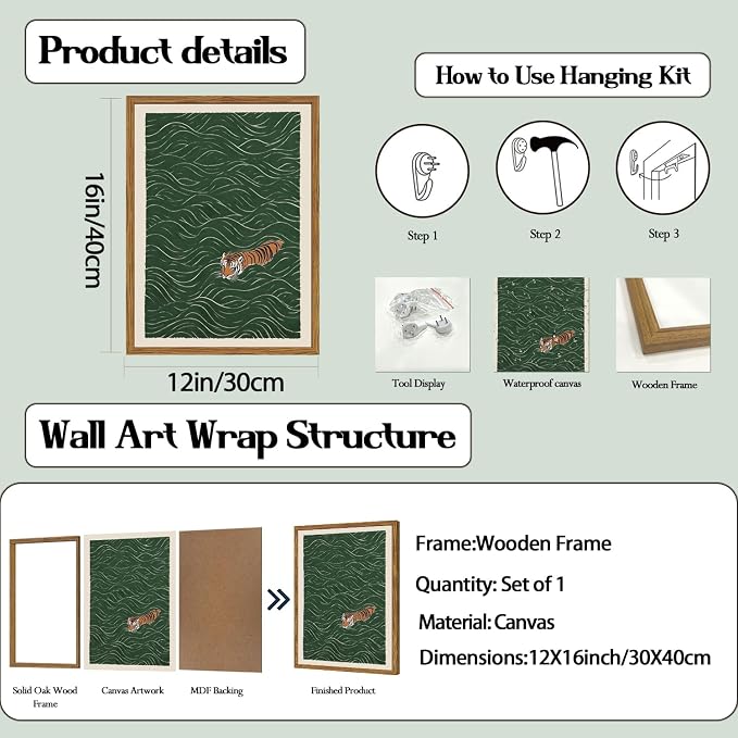 Framed Japanese Tiger Wall Art, Vintage Tiger Swimming Pictures Wall Decor, Funny Wild Animal Paintings Canvas Prints Eclectic Home Decor for Living Room Bedroom Bathroom 12x16 inch