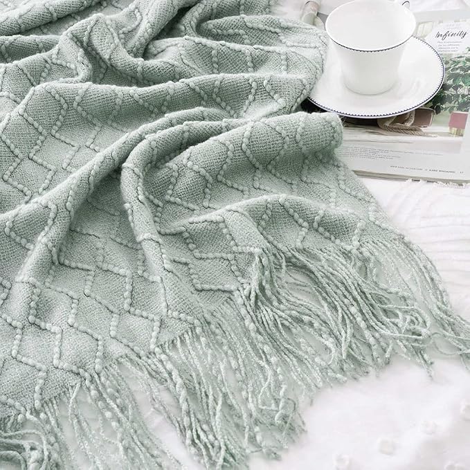 BATTILO HOME Sage Green Throw Blanket for Couch, Light Blue Knit Throw Blanket, Decorative Textured Sage Throw for Home Decor, 50"x60"