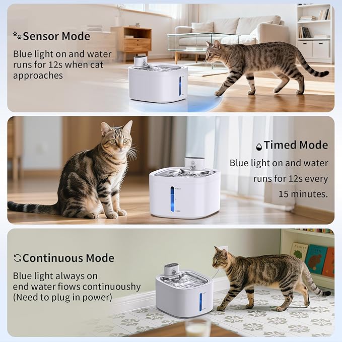 Cat Water Fountain Wireless: 118oz/3.5L Battery Operated Pet Water Fountain for Cats Indoor with Motion Sensor, Quiet Automatic Fountain with Stainless Steel Tray(2Filters)