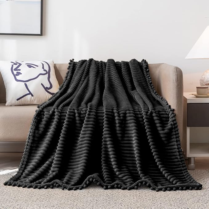 DISSA Fleece Blanket Throw Size – 51x63, Black – Soft, Plush, Fluffy, Fuzzy, Warm, Cozy – Perfect Throw for Couch, Bed, Sofa - with Pompom Fringe - Flannel Blanket Throw Blanket