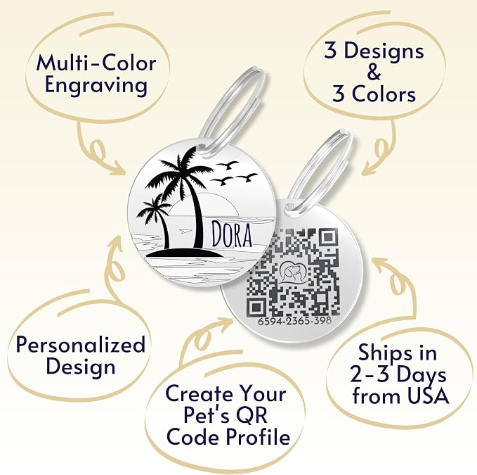 PawFurEver QR Code Dog Tag - Custom Dog Tags/Pet ID Tags for Dogs, Engraved Dog Tag & Pet Tag, Stainless Steel Dog Tags Personalized for Pets (Beach, Silver)