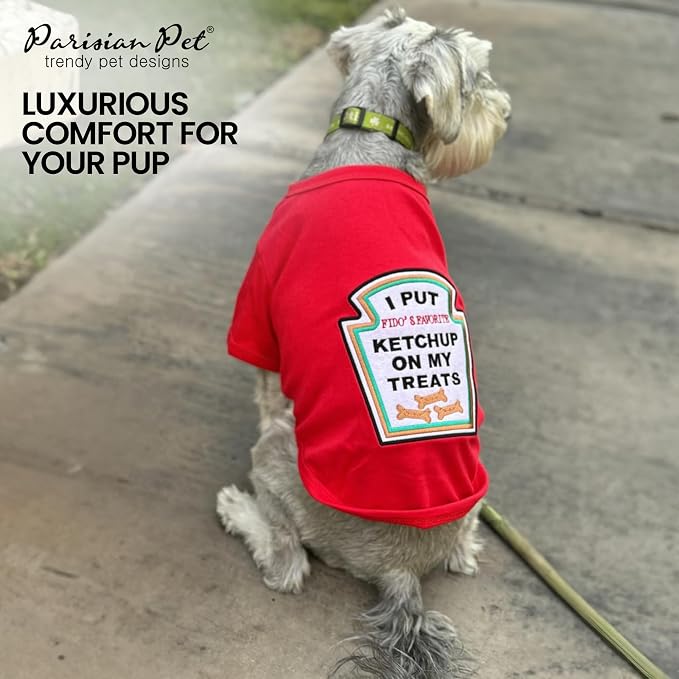 Parisian Pet Ketchup Dog Costume - 100% Cotton Red Dog Clothes for Medium Dogs Boys - Lightweight and Breathable Puppy Outfits - Funny Schitzu Clothes - Cute Pet Shirt - Stretchy T Shirt for Dogs