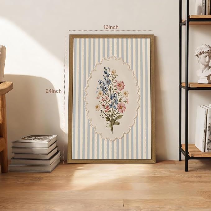 OPFDE Wood Framed Vintage Botanical Wall Art Set of 3, Embroidered Wildflower Lemon Strawberry Poster Prints, Blue Stripe Farmhouse Wall Decor, Cottagecore Floral Artwork for Kitchen 12x16 Inch