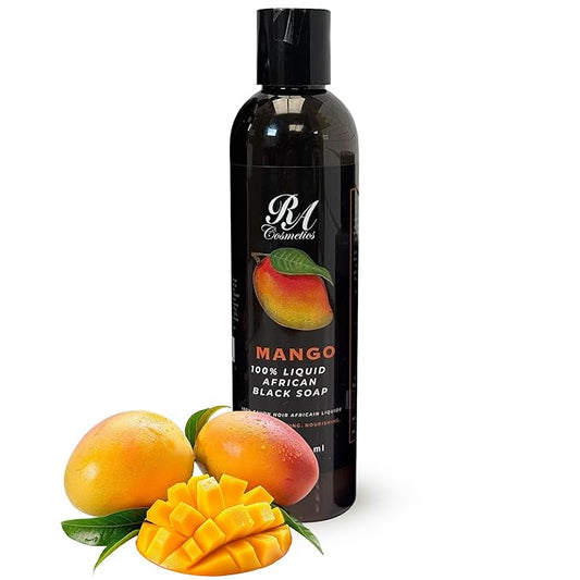 RA COSMETICS Liquid African Black Soap with Mango – Traditional West African Cleanser with Shea Butter & Coconut Oil – Face, Body & Hair Wash for Daily Use – No Artificial Fragrances – 8oz