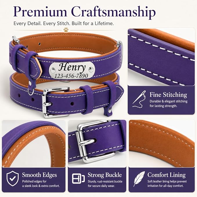 Personalized Leather Dog Collar with AirTag Holder Case, Custom Engraved Nameplate Dog Collar, Adjustable Genuine Leather Soft Padded Dog ID Collar for X-Small Small Dogs-Dark Purple-S