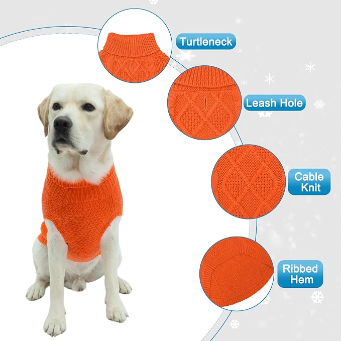Mihachi Turtleneck Dog Sweater - Winter Coat Apparel Classic Cable Knit Clothes with Leash Hole for Cold Weather, Ideal Gift for Pet in New Year Orange Medium