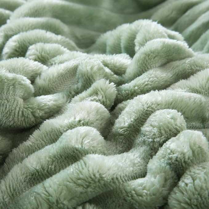 Sage Green Sherpa Fleece Throw Blanket 50”×60” for Couch Sofa Bed | Double Side Soft Fuzzy Cozy Plush Thick Flannel Blanket with Striped Design Gift for Adults,Woman