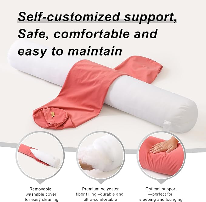 Body Pillow for Adults, Coral Peach, 59" x 7.87" | Long Round Pillow, Big Cylindrical, Full Bolster, For Side Sleepers