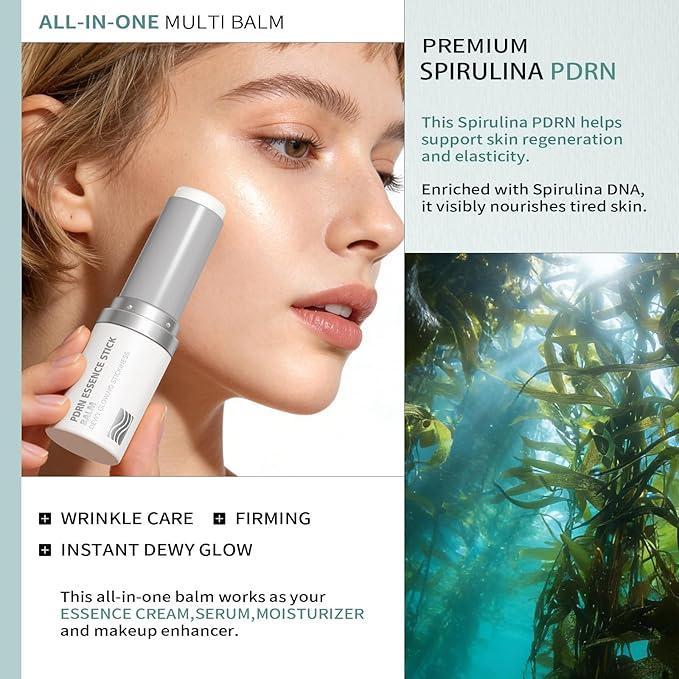 Spirulina Vegan Essence PDRN Balm Stick | Sodium DNA + Collagen + Ceramide NP Multi Balm | All-in-One Face Lip Neck Balm & Eye Cream & Makeup Primer | Hypoallergenic & Sensitive Skin (9g (Pack of 2))