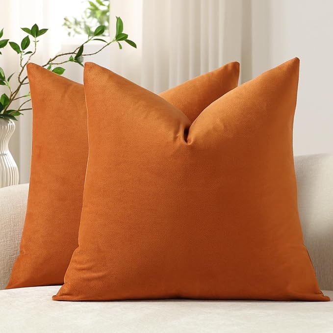 Throw Pillow Covers 16x16 Orange: Pack of 2 Cozy Soft Velvet Square Modern Luxury Decorative Throw Pillow Cases for Sofa Couch Living Room Bed Home Decor
